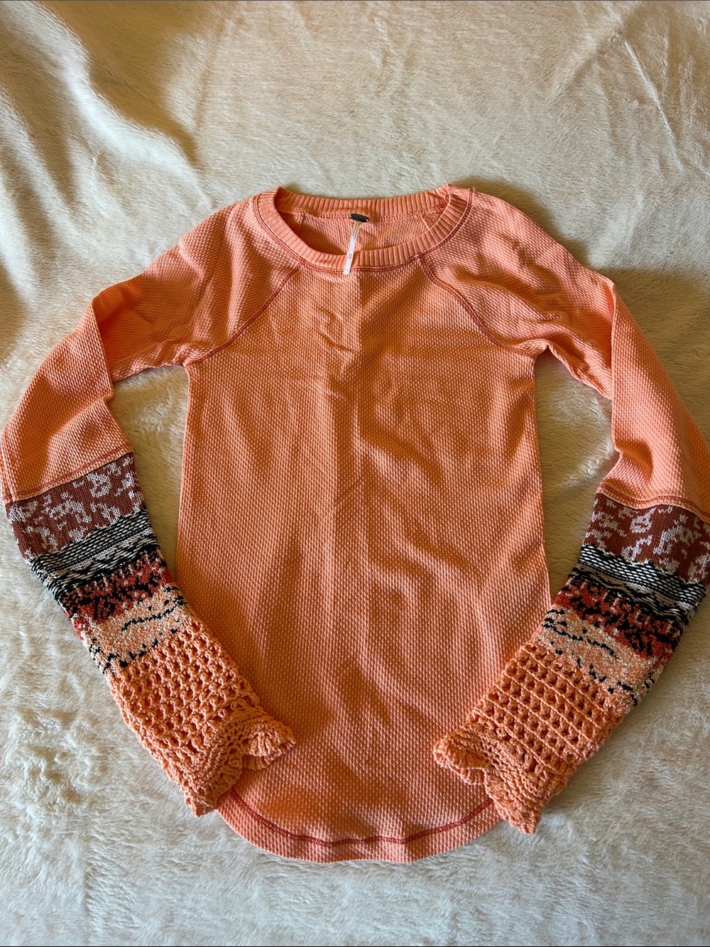 Free People Peach Crochet-Sleeve Thermal Top